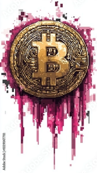 Fototapeta Pixelated Bitcoin symbol resembling a coin with a gold color, set against a dripped paint background