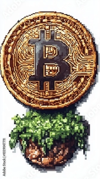 Fototapeta Pixelated Bitcoin symbol above a piece of floating earth with green vegetation, suggesting growth