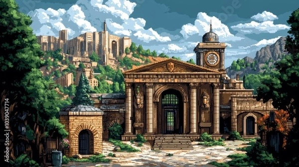 Fototapeta Pixel art scene showing a detailed stone building with arches, a clock tower, surrounded by trees, against mountainous backdrop