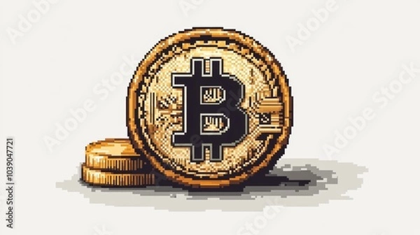 Fototapeta Pixelated, stylized Bitcoin symbol on a large coin, with smaller coins in the background
