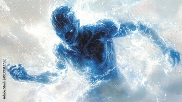 Fototapeta Powerful, glowing blue figure made of energy appears to be emerging or materializing, surrounded by bright, electric arcs