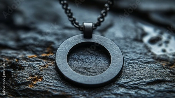 Fototapeta Round black metal pendant on a chain, placed on a textured, rough, and dark stone surface