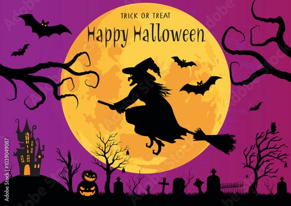 Fototapeta Happy Halloween background in shades of purple and pink.  Vector Illustration with  witch, spiders, flying bats and pumpkins. Trick or Treat.