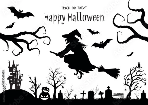 Fototapeta Happy Halloween black and white background.  Vector Illustration with  witch, spiders, flying bats and pumpkins. Trick or Treat.