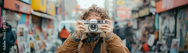 Obraz A man is taking a picture of a busy street with a camera