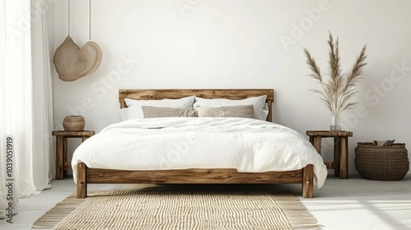 Obraz Cozy and Warm Rustic Bedroom with Wooden Furniture and Natural Decor