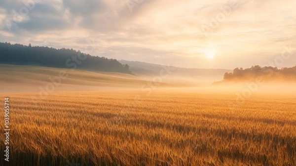 Fototapeta Golden Wheat Field at Sunrise with Fog and Distant Trees
