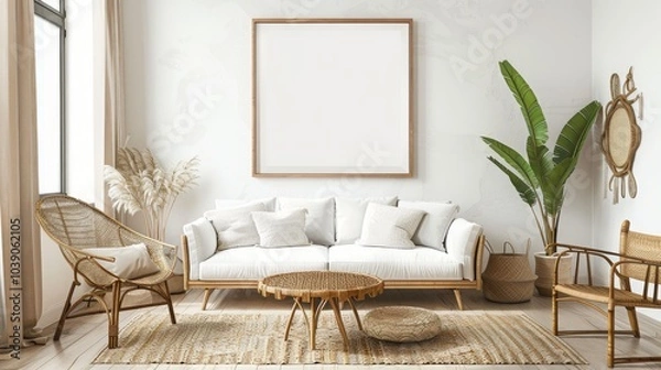 Fototapeta A white sofa with a wooden frame sits in a living room with a wicker chair and a large plant.