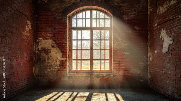 Fototapeta Sunlight shines through window of abandoned red brick wall