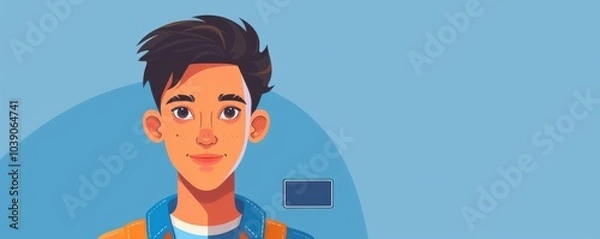 Obraz Cartoon-style illustration of a young man with blue eyes and a friendly smile, perfect for avatars or profiles for id cards.