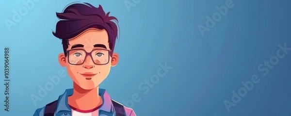 Obraz Cartoon-style illustration of a young man with blue eyes and a friendly smile, perfect for avatars or profiles for id cards.
