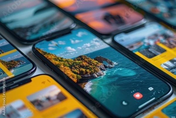 Fototapeta Close-up of multiple smartphones displaying vibrant beach and ocean scenes, showcasing digital travel content.
