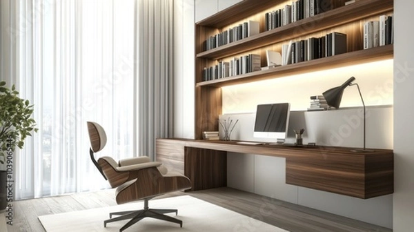 Fototapeta Stylish Modern Home Office Ideas with Wooden Desk and Bookshelves