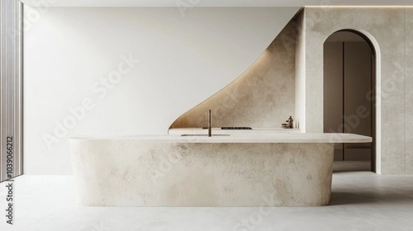 Obraz A modern kitchen with a long, light beige marble island countertop, a curved design, and light beige walls