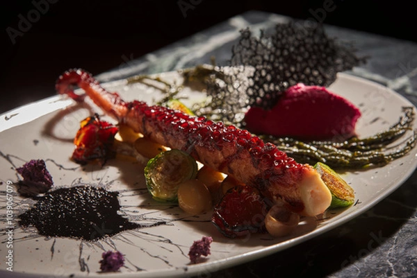 Obraz Octopus dish prepared like a work of art. Octopus dish garnished with grilled vegetables and special sauces. Aphrodisiac dishes, close-up