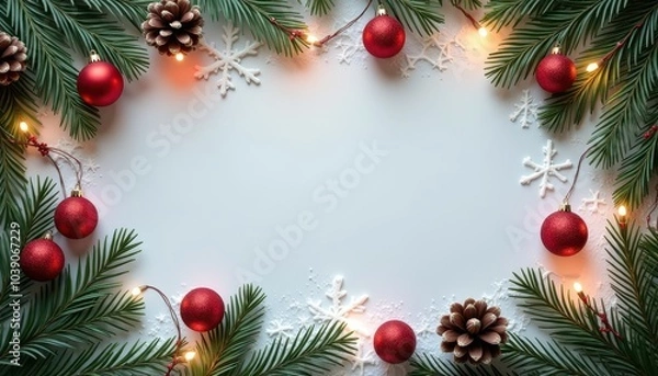 Fototapeta Copy space in the middle, surrounded with Christmas stuff Christmas tree, icicles, Christmas lights, copy space