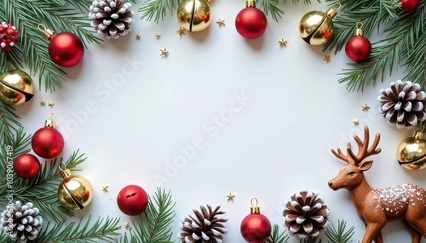 Fototapeta Copy space in the middle, surrounded with Christmas stuff jingle bells, reindeer figurines, snow-dusted pinecones, copy space
