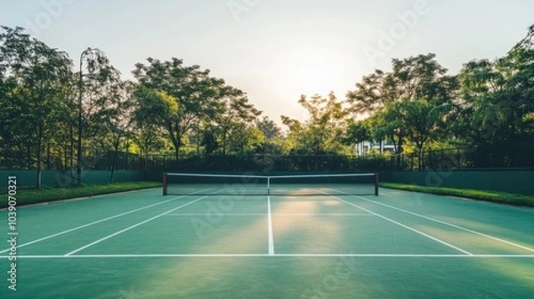 Fototapeta A tranquil outdoor tennis court with a well-maintained surface and neatly arranged practice equipment, surrounded by open fields and a bright blue sky