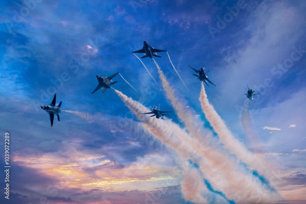 Fototapeta Six military jets fly through cloudy skies trailing smoke behind them