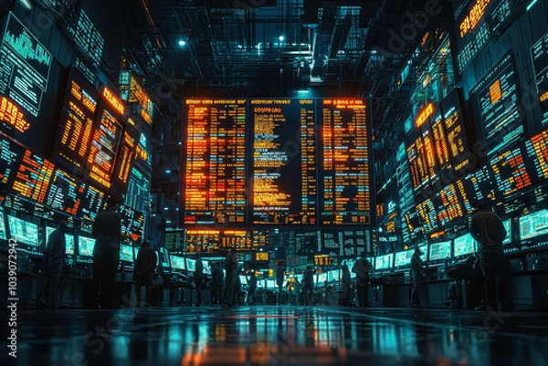 Fototapeta Traders gathered around the stock exchange floor, monitoring the volatile markets and making quick decisions. Concept of stock market.