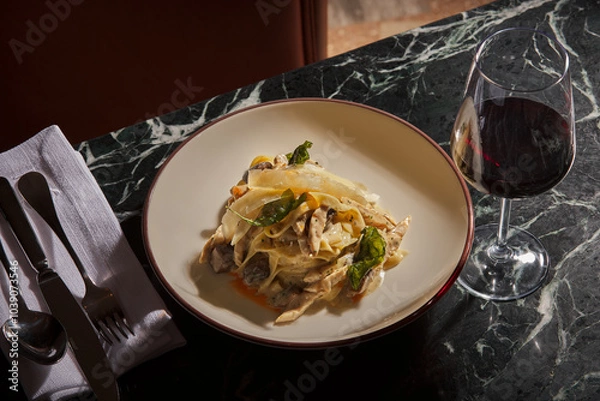Obraz A plate of Chicken Alfredo Tagliatelle with a glass of red wine. Luxurious and expensive gourmet meal prepared on a black marble table, served with a glass of wine