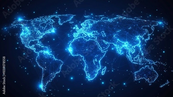 Fototapeta Abstract Blue Glowing World Map with Interconnected Lines and Dots