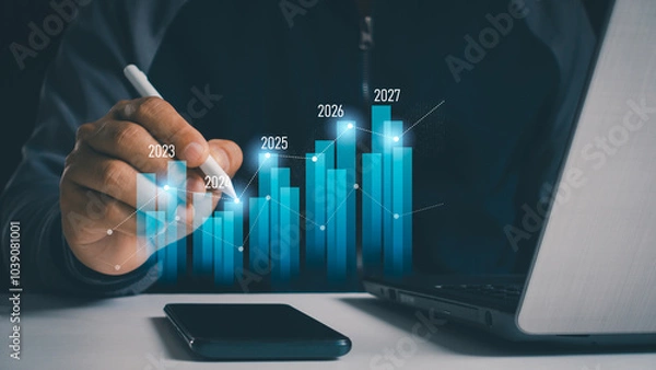 Fototapeta Yearly financial report, chart with years data statistics, company progress and growth by year. Businessman analyzes profitability of working companies with digital augmented reality graphics. 2025.