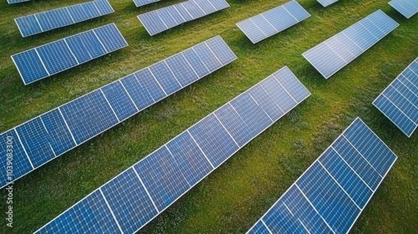 Fototapeta Aerial View of Solar Panels on Green Field
