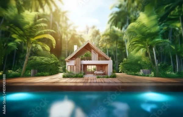 Fototapeta A modern wooden house with a balcony sits in front of a tropical forest.  The house has a swimming pool in front of it.