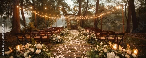 Fototapeta Elegant wedding ceremony setup with floral arrangements, twinkling lights, and a romantic evening setting. Free copy space for text.