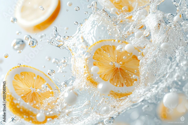 Fototapeta Lemon slices splashing into clear water, creating a refreshing scene of juicy citrus fruit and vibrant yellow liquid