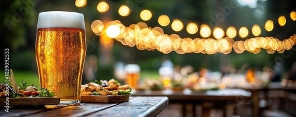 Fototapeta A pint of beer sits beside assorted appetizers on a festive outdoor table.