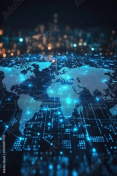 Fototapeta Digital map of the world, blue glowing data points, global connectivity