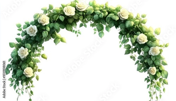 Obraz White rose arch with green leaves. Use for wedding invitations, social media posts or any romantic project.