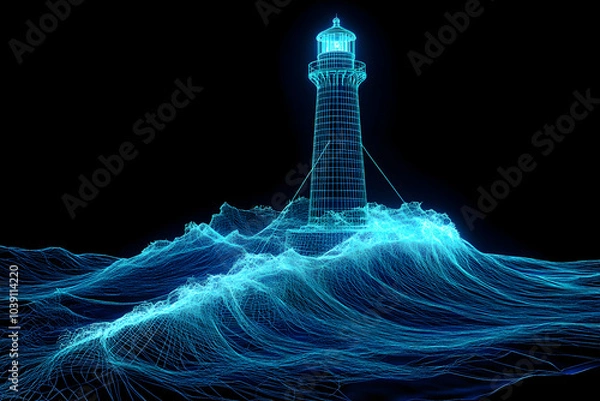 Fototapeta Neon wireframe lighthouse with crashing waves isolated on black background