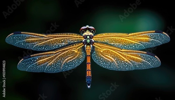 Fototapeta Close-up of a dragonfly's wings. The photo highlights the intricate details and delicate beauty of the dragonfly's wings, with water droplets enhancing their appearance.