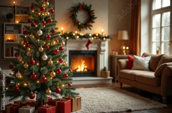 Fototapeta Christmas tree decorated with red and gold ornaments in cozy living room by fireplace, home interior with no people. Bokeh and window in background. Festive holiday atmosphere
