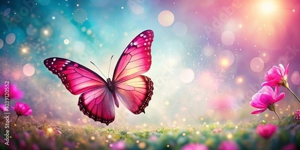 Fototapeta A Vibrant Butterfly Soaring Above a Field of Delicate Blooms, Bathed in a Soft, Pastel Glow