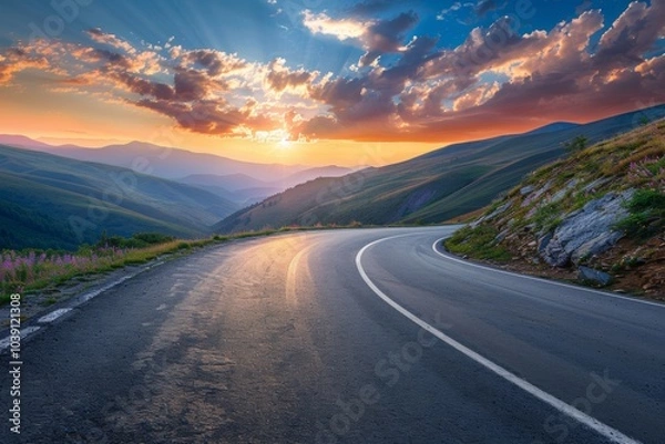 Fototapeta Mountain road at colorful sunset in summer. Beautiful curved roadway, rocks, stones, blue sky with clouds. Landscape with empty highway through the mountain pass in spring. Travel
