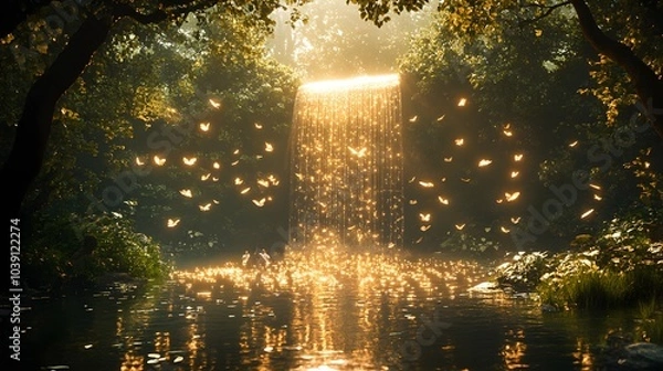 Fototapeta Enchanted grove with a shimmering waterfall at the center, fairies in a delicate ring flight, ethereal wings sparkling under soft golden light