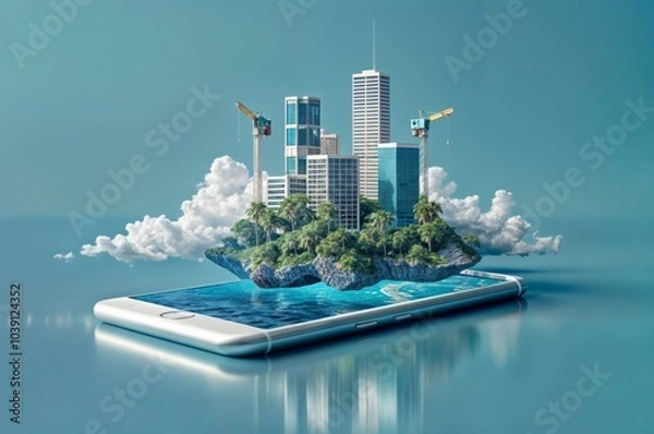 Obraz A surreal scene of a futuristic city being constructed on a smartphone, symbolizing digital innovation, technology integration, and smart cities..