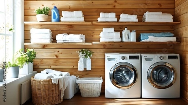 Fototapeta Bright laundry room with wooden shelves for storage and front-loading washers.