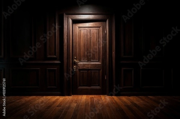 Fototapeta A mysterious dark wooden door illuminated by soft dramatic lighting, evoking feelings of suspense and intrigue..