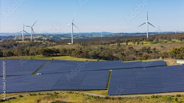 Obraz Aerial drone view of a hybrid solar and wind farm showing the large wind turbines in the background for renewable clean energy supply located at Bannister, NSW, Australia on a sunny day
