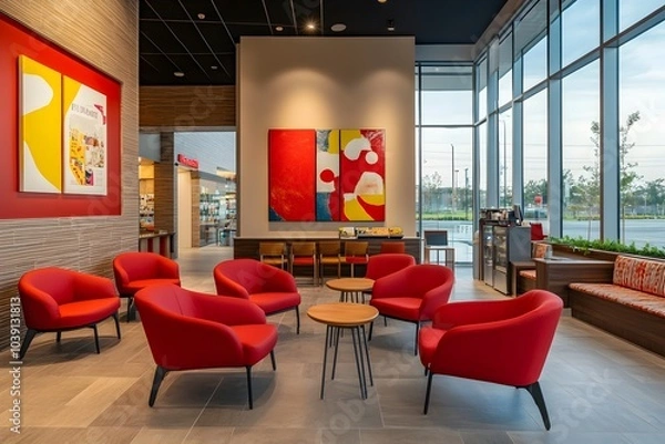 Obraz Vibrant Red Themed Waiting Area in a Modern Shopping Mall with Cushioned Chairs  Art  and Natural Light