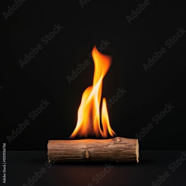 Fototapeta A single log burns with a bright flame against a black background.