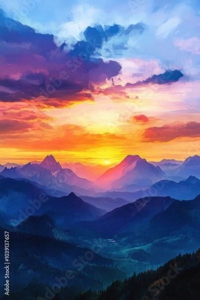 Fototapeta Sunset Serenade: A Symphony of Skies and Mountains