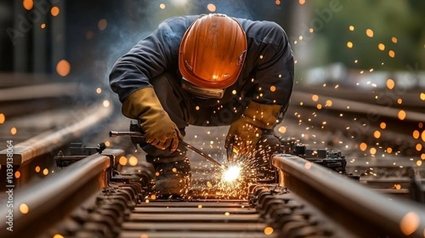 Fototapeta Welder Working on Railway Tracks with Sparks Flying – Skilled Industrial Welding Work in an Active Construction Site.