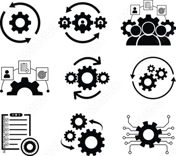 Obraz Set of operation icon. Gear, cog, and wheel icon. Business process and workflow illustration. Industry automation sign collection