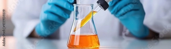 Fototapeta Scientist in lab coat using pipette to add orange liquid to flask, laboratory setting, focus on hands.